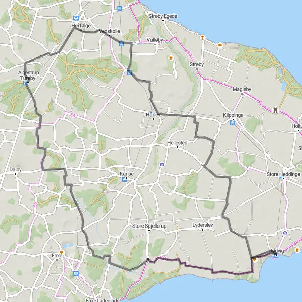 Miniaturekort af cykelinspirationen "Landevejscykelrute til og fra Rødvig" i Sjælland, Denmark. Genereret af Tarmacs.app cykelruteplanlægger