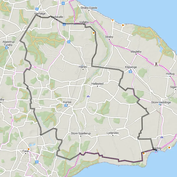Map miniature of "Serene Landscapes and Tranquil Villages" cycling inspiration in Sjælland, Denmark. Generated by Tarmacs.app cycling route planner
