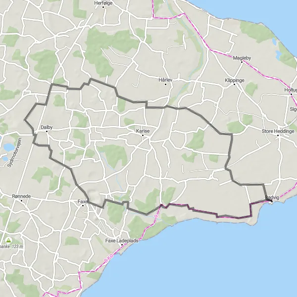 Map miniature of "The Scenic Coastal Loop" cycling inspiration in Sjælland, Denmark. Generated by Tarmacs.app cycling route planner