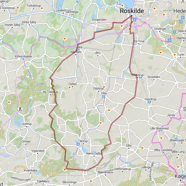 Map miniature of "Roskilde and Lejre Circuit" cycling inspiration in Sjælland, Denmark. Generated by Tarmacs.app cycling route planner