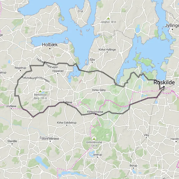 Map miniature of "Tølløse and Grandløse Adventure" cycling inspiration in Sjælland, Denmark. Generated by Tarmacs.app cycling route planner