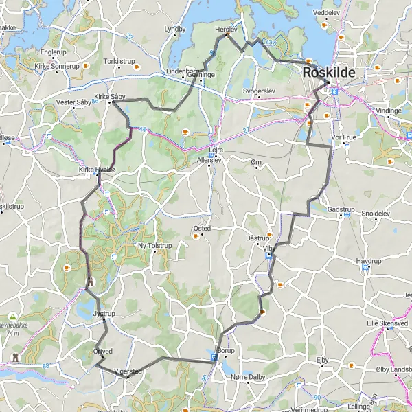 Map miniature of "Idyllic Borup and Gevninge Ride" cycling inspiration in Sjælland, Denmark. Generated by Tarmacs.app cycling route planner