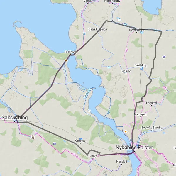 Map miniature of "Scenic Ride Around Guldborg" cycling inspiration in Sjælland, Denmark. Generated by Tarmacs.app cycling route planner