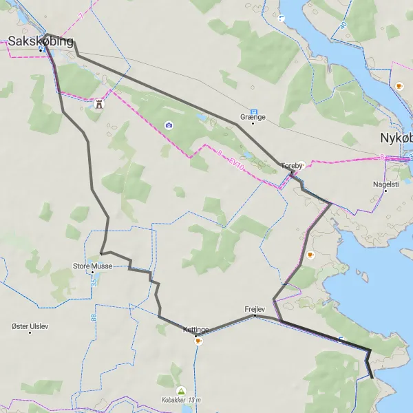 Map miniature of "Coastal Adventure from Sakskøbing to Frejlev" cycling inspiration in Sjælland, Denmark. Generated by Tarmacs.app cycling route planner