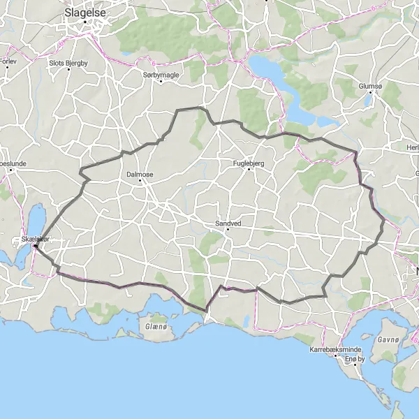 Map miniature of "Flakkebjerg Loop" cycling inspiration in Sjælland, Denmark. Generated by Tarmacs.app cycling route planner