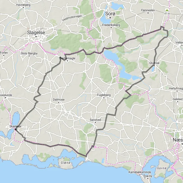 Map miniature of "Scenic Route Around Skælskør" cycling inspiration in Sjælland, Denmark. Generated by Tarmacs.app cycling route planner