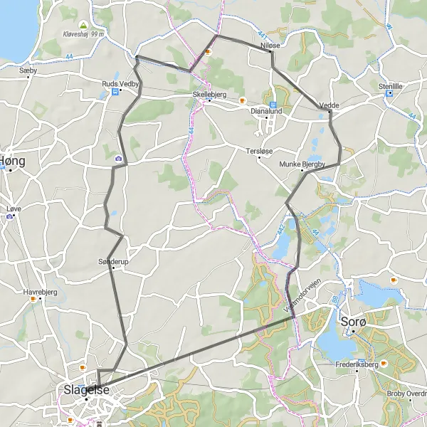 Map miniature of "Picturesque Route: Slagelse to Skovsø" cycling inspiration in Sjælland, Denmark. Generated by Tarmacs.app cycling route planner