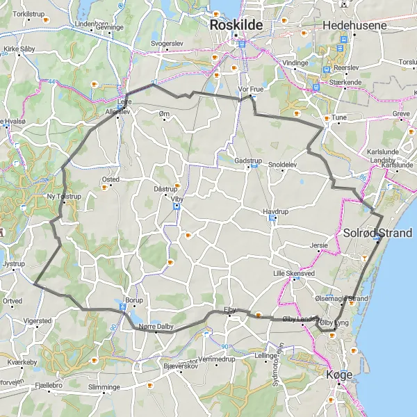 Map miniature of "Road Cycling through Sjælland's Scenic Beauty: Solrød Strand to Lejre" cycling inspiration in Sjælland, Denmark. Generated by Tarmacs.app cycling route planner