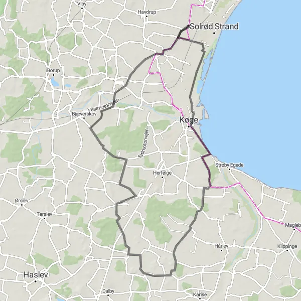Map miniature of "Solrød to Vallø Slot" cycling inspiration in Sjælland, Denmark. Generated by Tarmacs.app cycling route planner