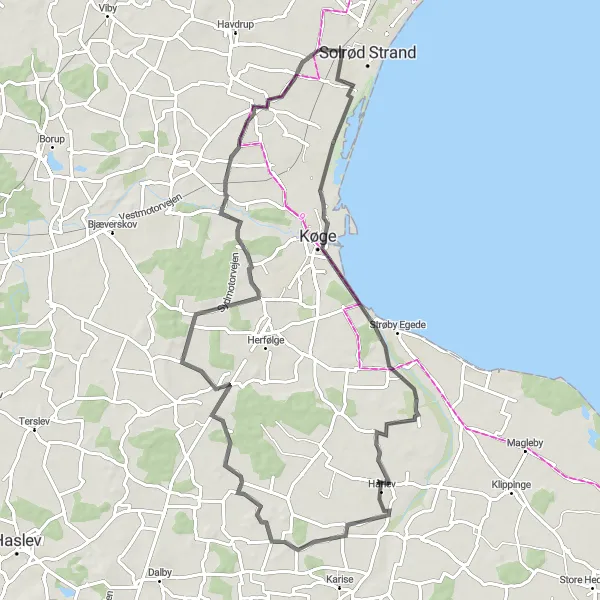 Map miniature of "Solrød to Kanderød" cycling inspiration in Sjælland, Denmark. Generated by Tarmacs.app cycling route planner