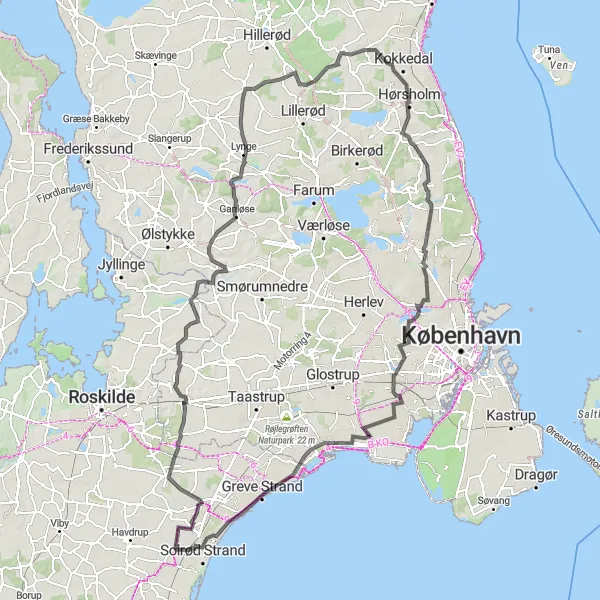 Map miniature of "Solrød to Mosede Fort" cycling inspiration in Sjælland, Denmark. Generated by Tarmacs.app cycling route planner