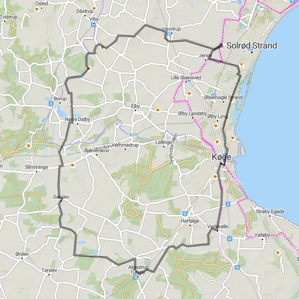 Map miniature of "Solrød to Havdrup" cycling inspiration in Sjælland, Denmark. Generated by Tarmacs.app cycling route planner