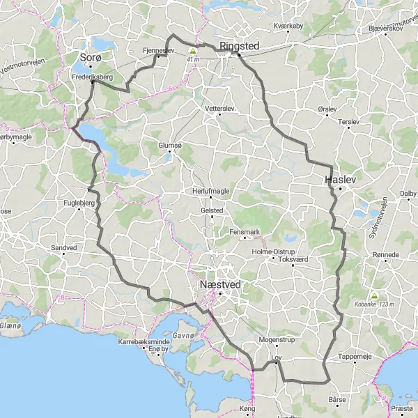 Map miniature of "Ringsted to Frederiksberg Loop" cycling inspiration in Sjælland, Denmark. Generated by Tarmacs.app cycling route planner