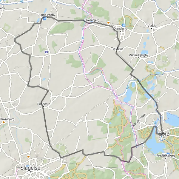 Map miniature of "Vedbysønder Road Cycling Loop" cycling inspiration in Sjælland, Denmark. Generated by Tarmacs.app cycling route planner