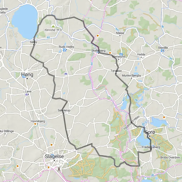 Map miniature of "Frederikslund Hill Road Ride" cycling inspiration in Sjælland, Denmark. Generated by Tarmacs.app cycling route planner