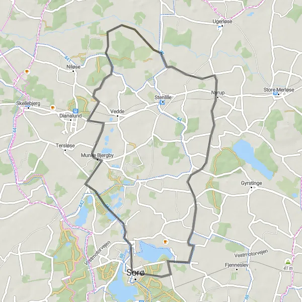 Map miniature of "Sorø to Nyrup Circular Route" cycling inspiration in Sjælland, Denmark. Generated by Tarmacs.app cycling route planner