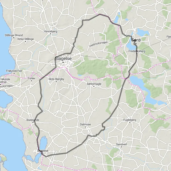 Map miniature of "Countryside Road Adventure" cycling inspiration in Sjælland, Denmark. Generated by Tarmacs.app cycling route planner