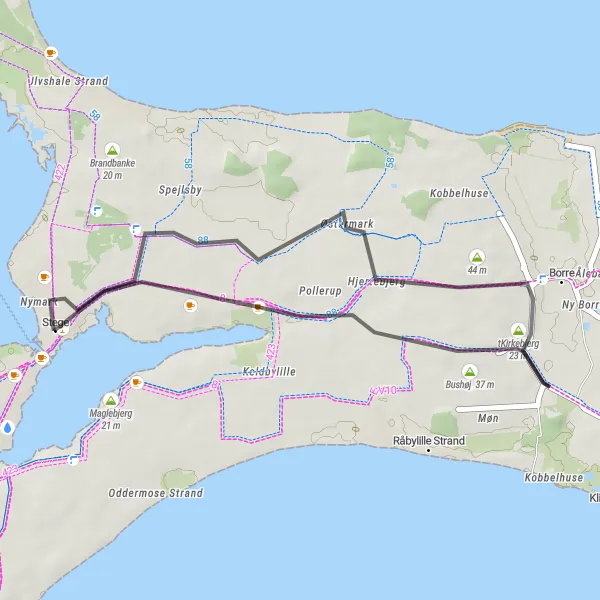 Miniaturekort af cykelinspirationen "Mølleporten Bjergene Road Loop" i Sjælland, Denmark. Genereret af Tarmacs.app cykelruteplanlægger