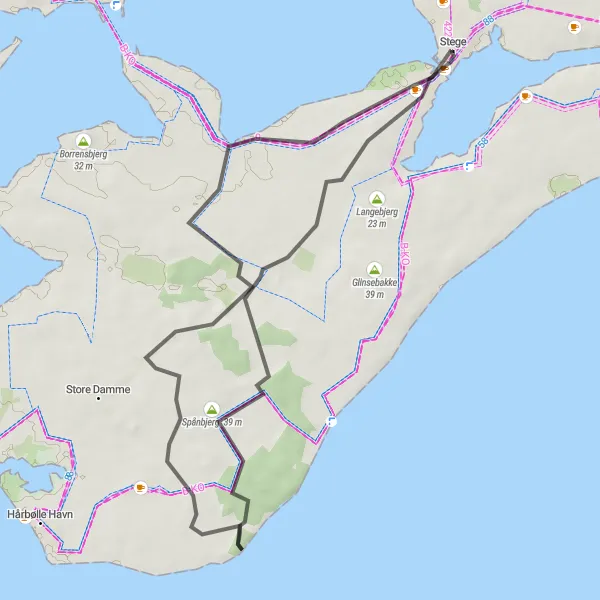 Map miniature of "Stege to Tjørnemarke Loop" cycling inspiration in Sjælland, Denmark. Generated by Tarmacs.app cycling route planner