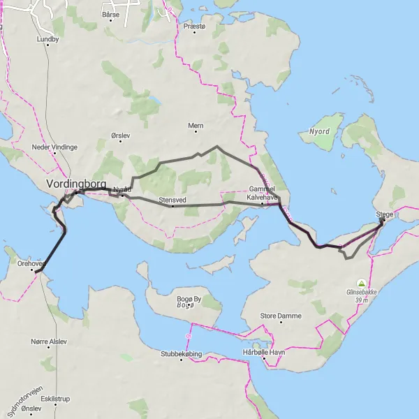 Map miniature of "Stege to Vordingborg Loop" cycling inspiration in Sjælland, Denmark. Generated by Tarmacs.app cycling route planner