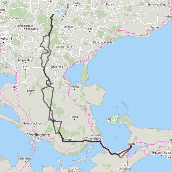 Map miniature of "Stege to Ørslev Loop" cycling inspiration in Sjælland, Denmark. Generated by Tarmacs.app cycling route planner