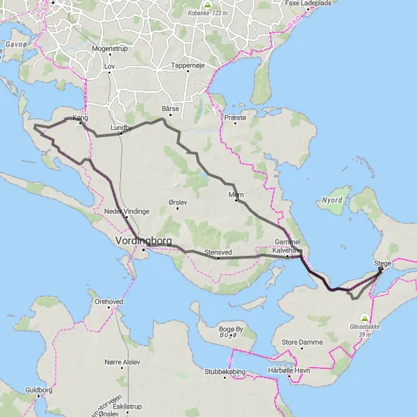 Map miniature of "Loop through Stege and Surrounding Villages" cycling inspiration in Sjælland, Denmark. Generated by Tarmacs.app cycling route planner