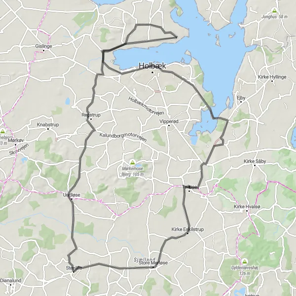 Map miniature of "Scenic Sjælland" cycling inspiration in Sjælland, Denmark. Generated by Tarmacs.app cycling route planner