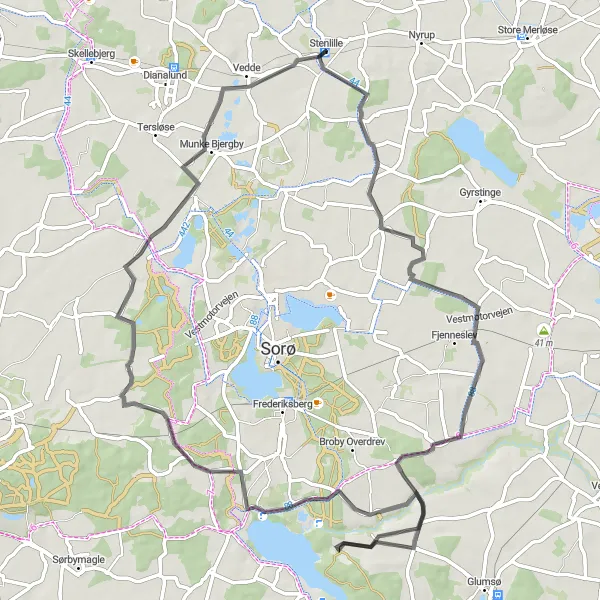 Map miniature of "The Vester Broby Loop" cycling inspiration in Sjælland, Denmark. Generated by Tarmacs.app cycling route planner