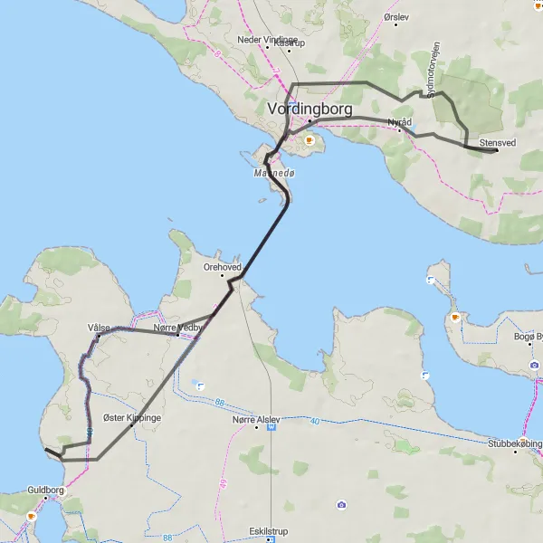 Map miniature of "Masnedsund to Stensved" cycling inspiration in Sjælland, Denmark. Generated by Tarmacs.app cycling route planner