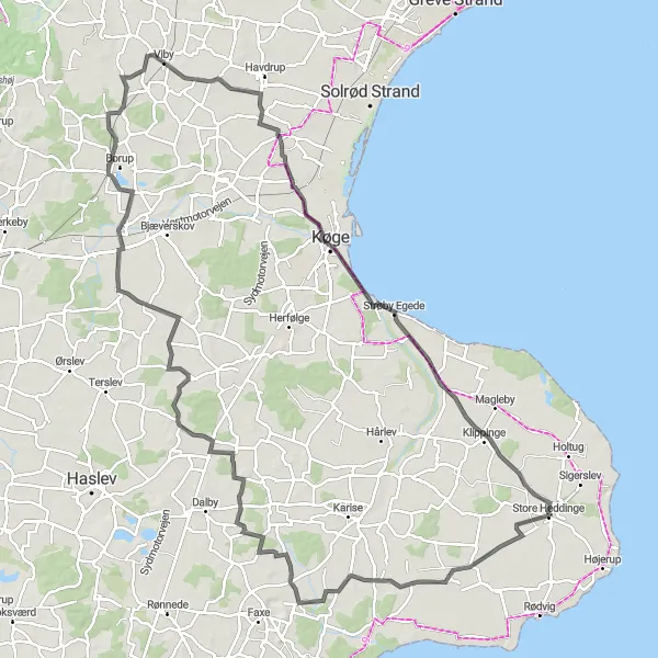 Map miniature of "The Seaside Loop" cycling inspiration in Sjælland, Denmark. Generated by Tarmacs.app cycling route planner