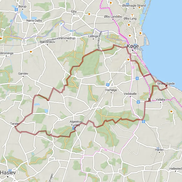 Map miniature of "Terslev and Krageskovbakke Gravel Explore" cycling inspiration in Sjælland, Denmark. Generated by Tarmacs.app cycling route planner