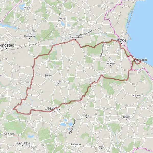 Map miniature of "Vallø Slot and Farendløse Gravel Adventure" cycling inspiration in Sjælland, Denmark. Generated by Tarmacs.app cycling route planner