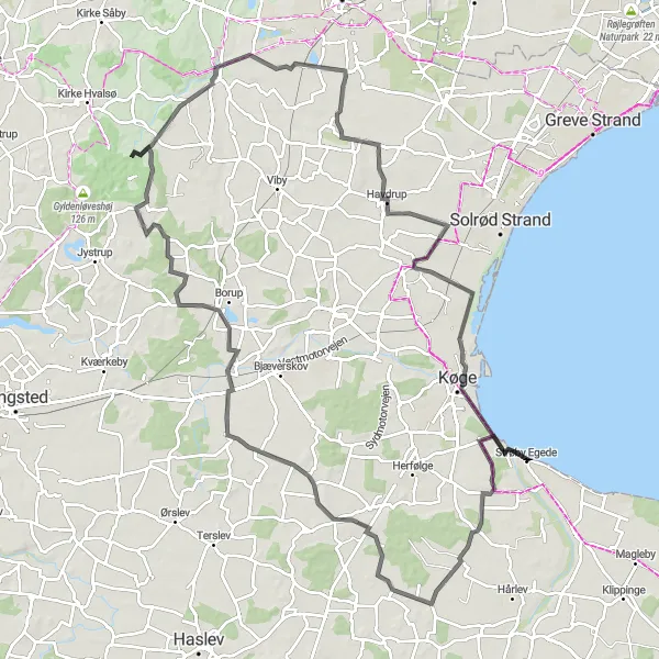 Map miniature of "Vallø Slot and Havhøj Road Adventure" cycling inspiration in Sjælland, Denmark. Generated by Tarmacs.app cycling route planner