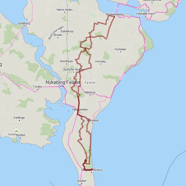 Map miniature of "Gravel Adventure to Væggerløse" cycling inspiration in Sjælland, Denmark. Generated by Tarmacs.app cycling route planner
