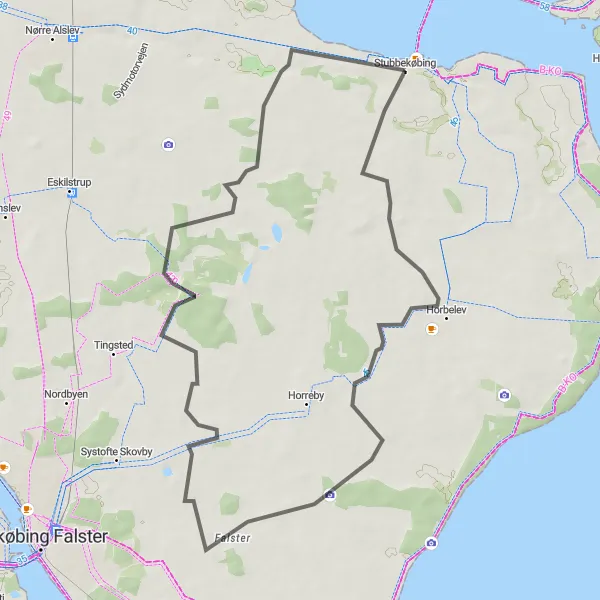 Map miniature of "Scenic Road Route to Skørringe Huse" cycling inspiration in Sjælland, Denmark. Generated by Tarmacs.app cycling route planner