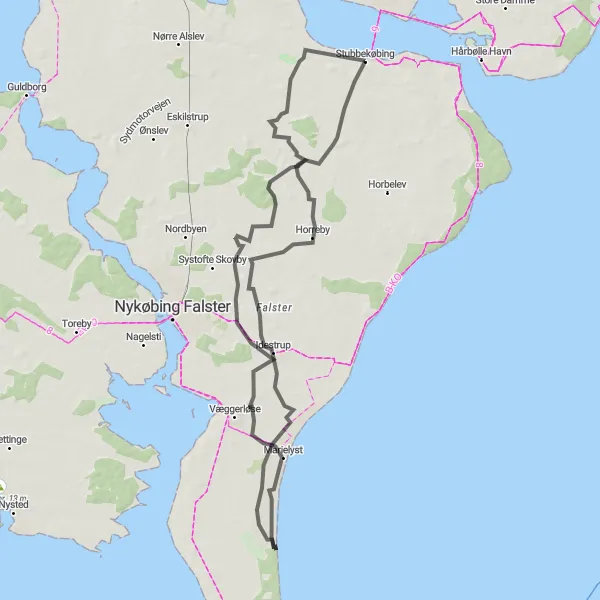 Map miniature of "The Coastal Cruise" cycling inspiration in Sjælland, Denmark. Generated by Tarmacs.app cycling route planner