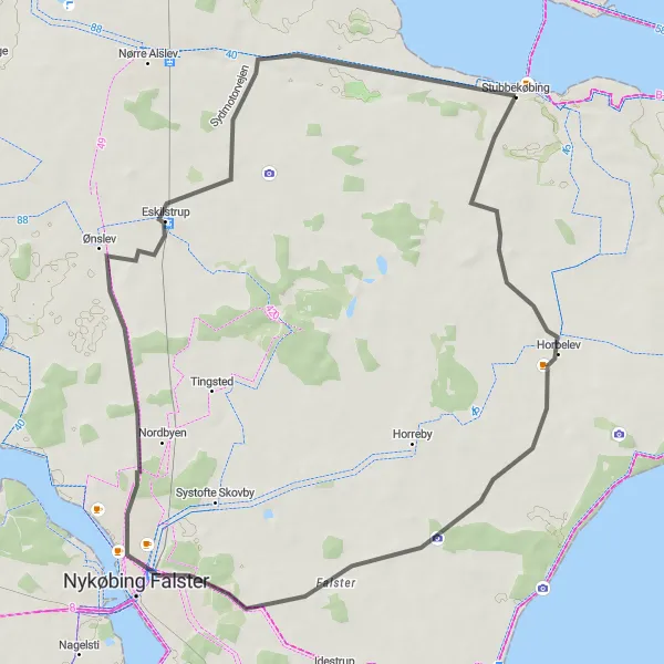 Map miniature of "Picturesque Road Cycling to Eskilstrup" cycling inspiration in Sjælland, Denmark. Generated by Tarmacs.app cycling route planner