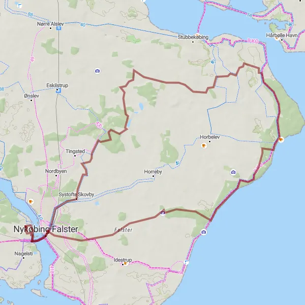 Map miniature of "Falster and Nykøbing Falster Gravel Adventure" cycling inspiration in Sjælland, Denmark. Generated by Tarmacs.app cycling route planner