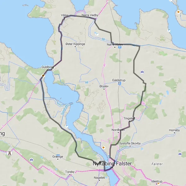 Map miniature of "Sundby to Nykøbing Falster" cycling inspiration in Sjælland, Denmark. Generated by Tarmacs.app cycling route planner