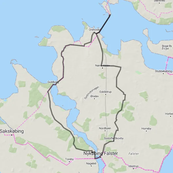 Map miniature of "Sundby to Nørre Alslev Road Loop" cycling inspiration in Sjælland, Denmark. Generated by Tarmacs.app cycling route planner