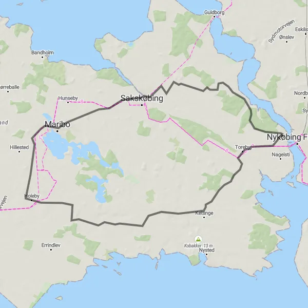 Map miniature of "Sundby to Sakskøbing" cycling inspiration in Sjælland, Denmark. Generated by Tarmacs.app cycling route planner