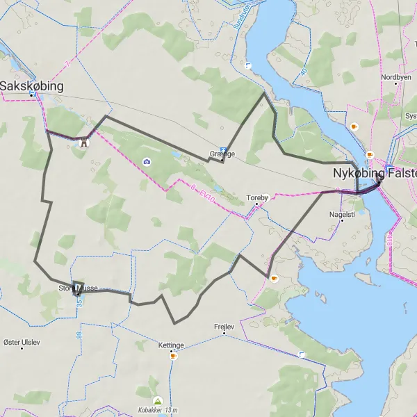Map miniature of "Nykøbing Falster to Sakskøbing" cycling inspiration in Sjælland, Denmark. Generated by Tarmacs.app cycling route planner