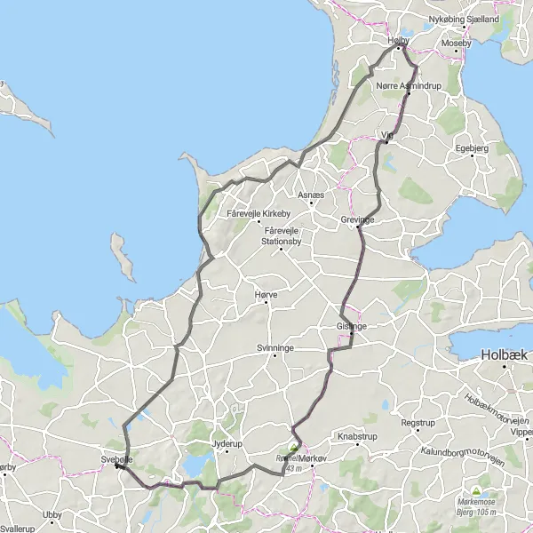 Map miniature of "Svebølle - Rønnebjerg Road Cycling Route" cycling inspiration in Sjælland, Denmark. Generated by Tarmacs.app cycling route planner