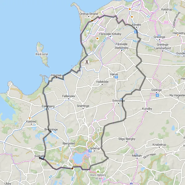 Map miniature of "Svebølle - Ålebjerg Road Cycling Route" cycling inspiration in Sjælland, Denmark. Generated by Tarmacs.app cycling route planner