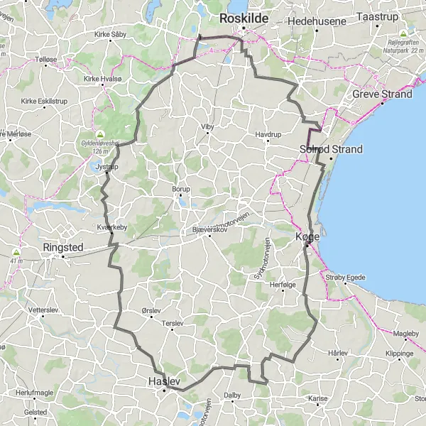 Map miniature of "Solrød to Jystrup" cycling inspiration in Sjælland, Denmark. Generated by Tarmacs.app cycling route planner