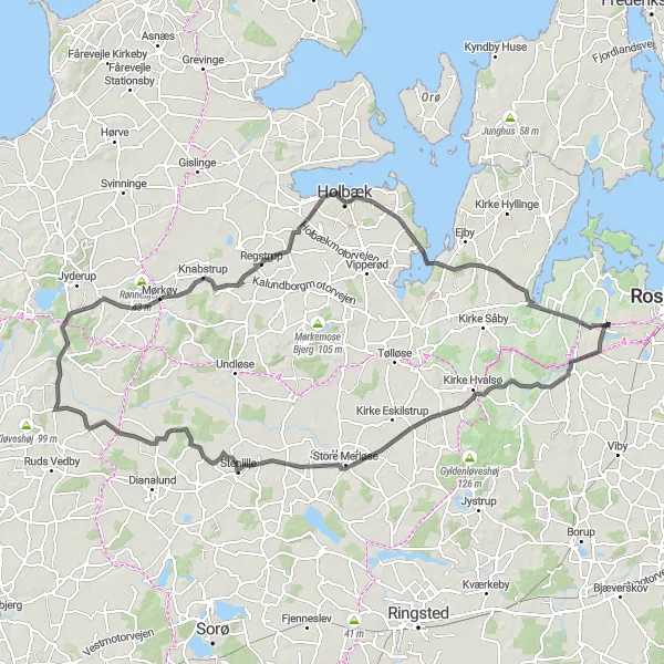 Map miniature of "Mørkøv Circuit" cycling inspiration in Sjælland, Denmark. Generated by Tarmacs.app cycling route planner