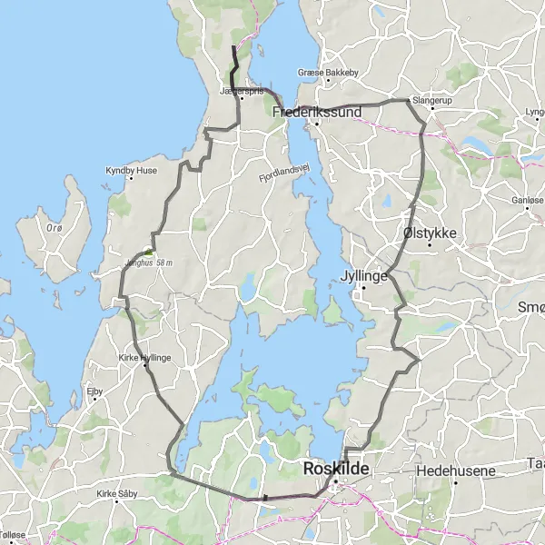 Map miniature of "Kirke Hyllinge and Jørlunde Loop" cycling inspiration in Sjælland, Denmark. Generated by Tarmacs.app cycling route planner