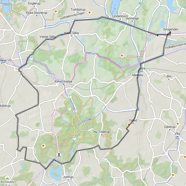 Map miniature of "Lynghøjsøerne Vest and Skjoldenæsholm Loop" cycling inspiration in Sjælland, Denmark. Generated by Tarmacs.app cycling route planner