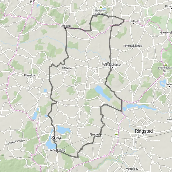 Map miniature of "Challenging Ride through Store Merløse and Sorø" cycling inspiration in Sjælland, Denmark. Generated by Tarmacs.app cycling route planner