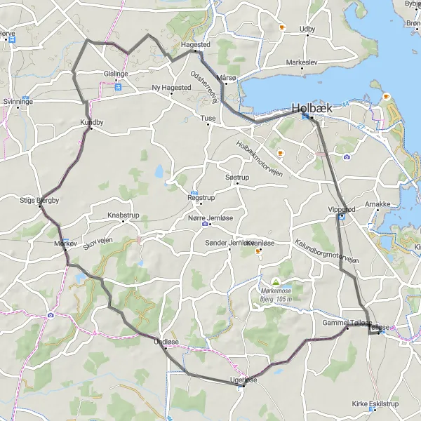 Map miniature of "Exploring Gammel Tølløse and Holbæk" cycling inspiration in Sjælland, Denmark. Generated by Tarmacs.app cycling route planner